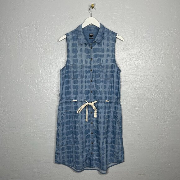 Prana Women M Blue Tie Dye Sunrise Peak Denim Shirt Dress Button Front Pockets - Picture 1 of 11